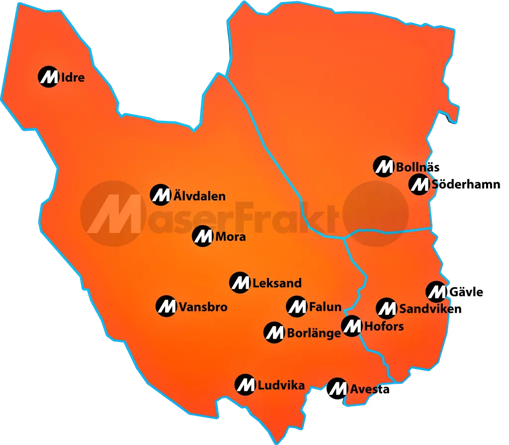 Karta med MaserFrakts kontor i Dalarna och Gävleborg
